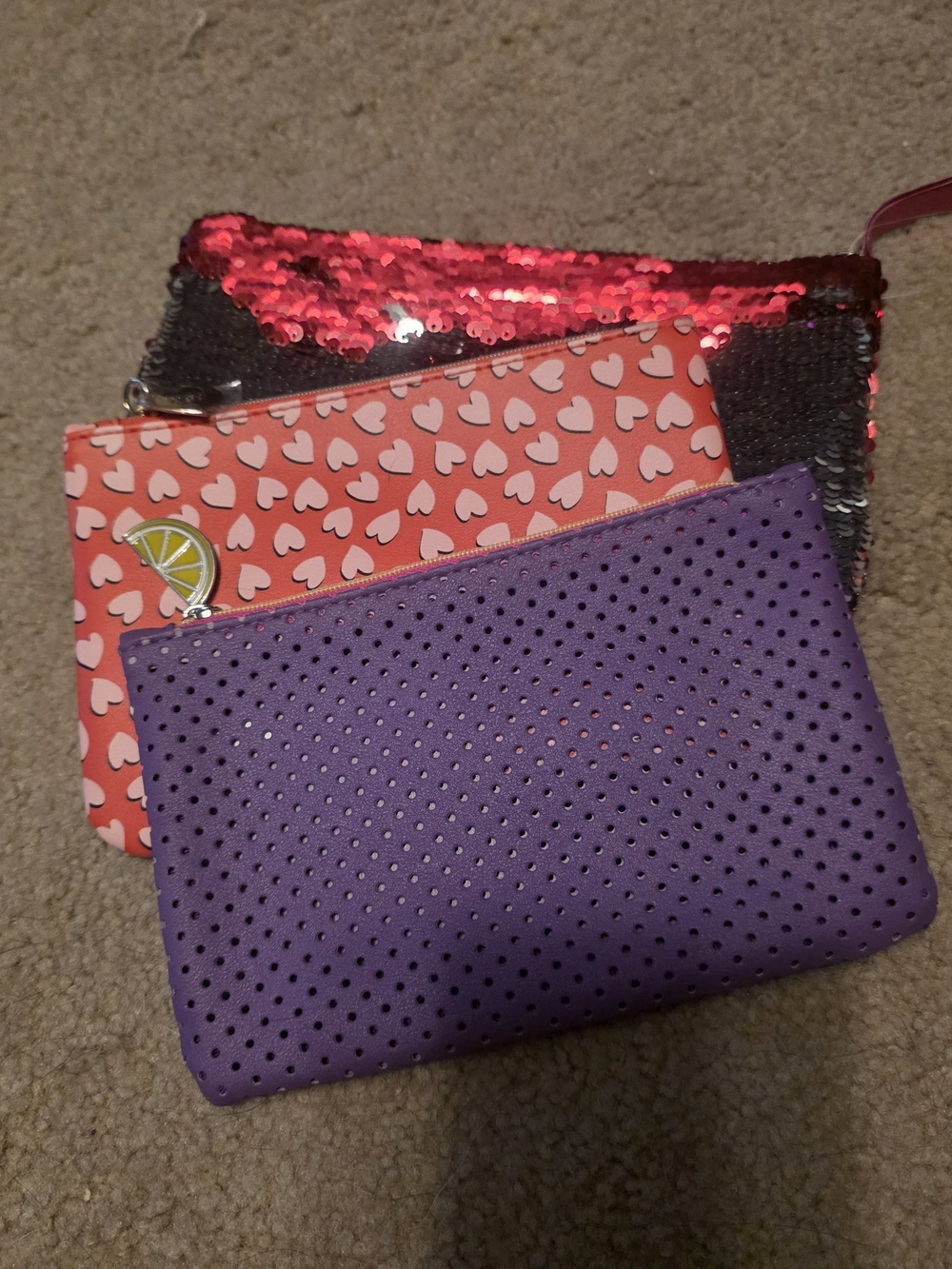 2 Ipsy Zipper Makeup Bags, Lot of 3 Bags, 9in x 5in, Red Purple Pink Sequin